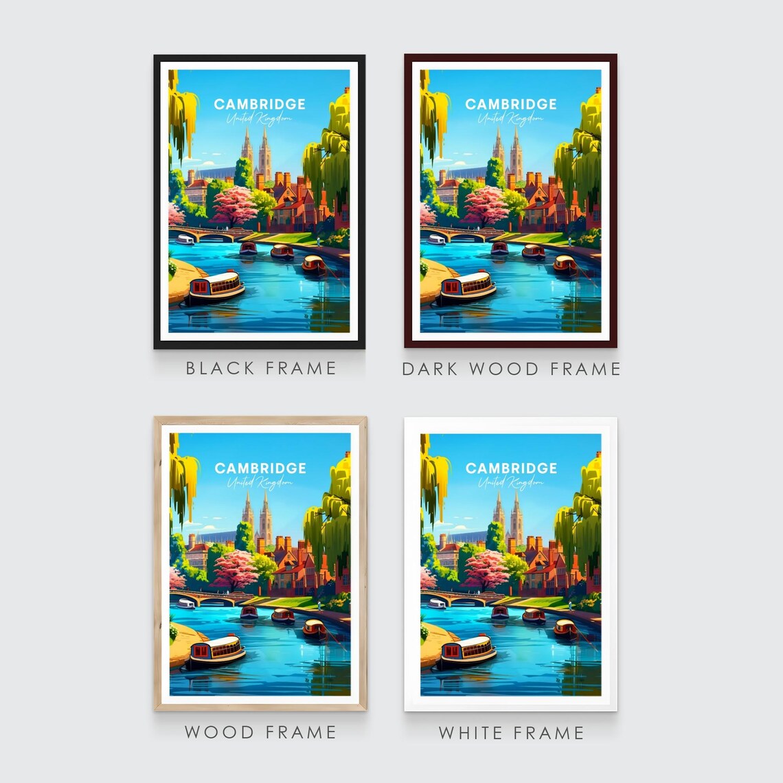 Cambridge River Punts Bridge Chapel Spires Spring Travel Poster - Image 3