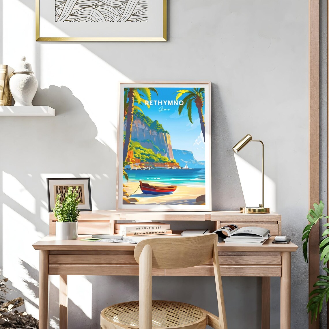 Rethymno Greece Palm Beach Red Wooden Boat Vintage Travel Poster - Image 4
