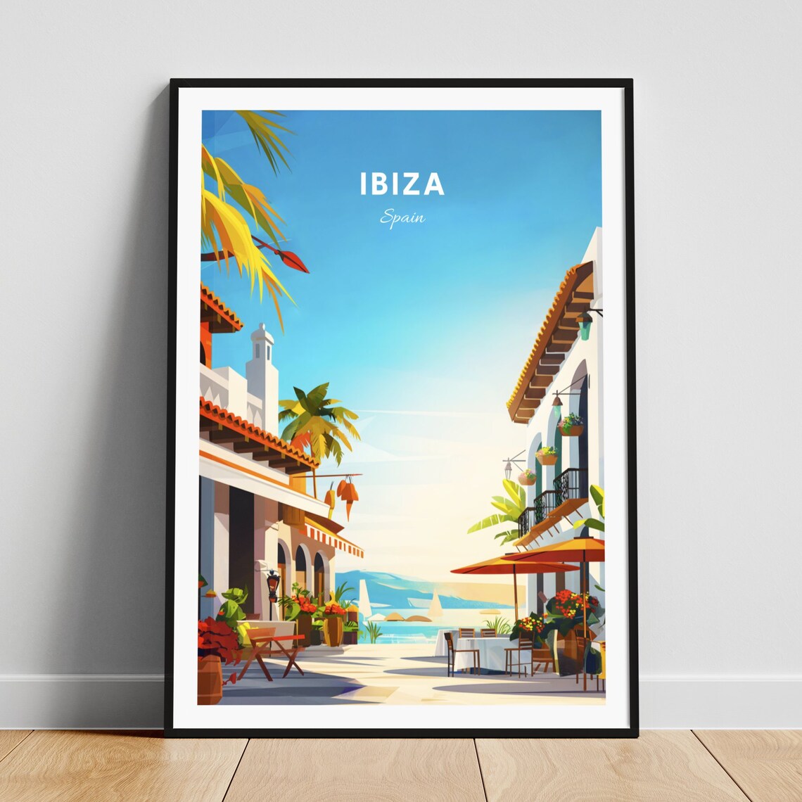 Ibiza Spain Sunny Old Town Street Cafe Sea View Charming Poster