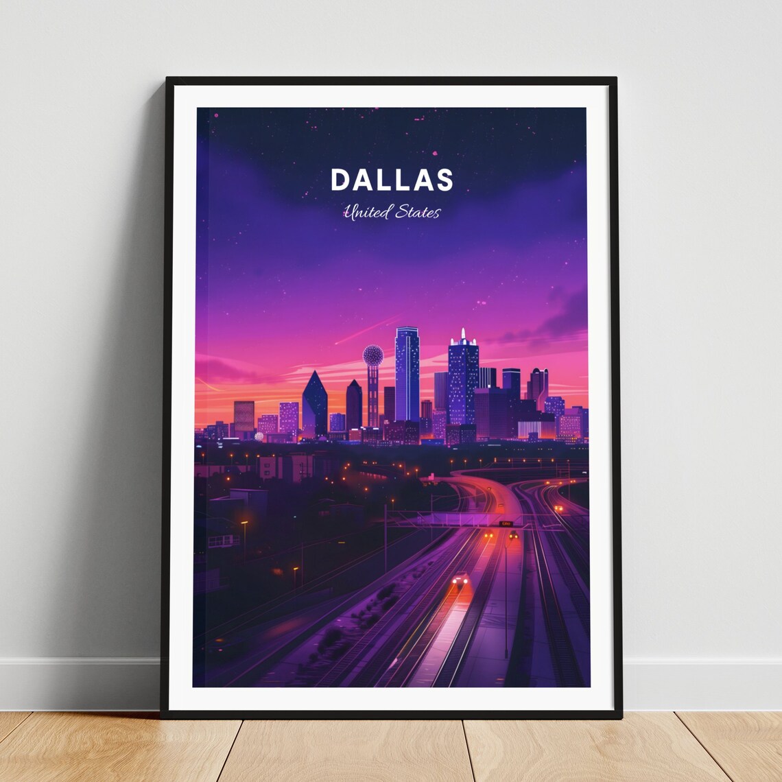 Dallas Reunion Tower at Dusk with Skyline Over the Highway Poster