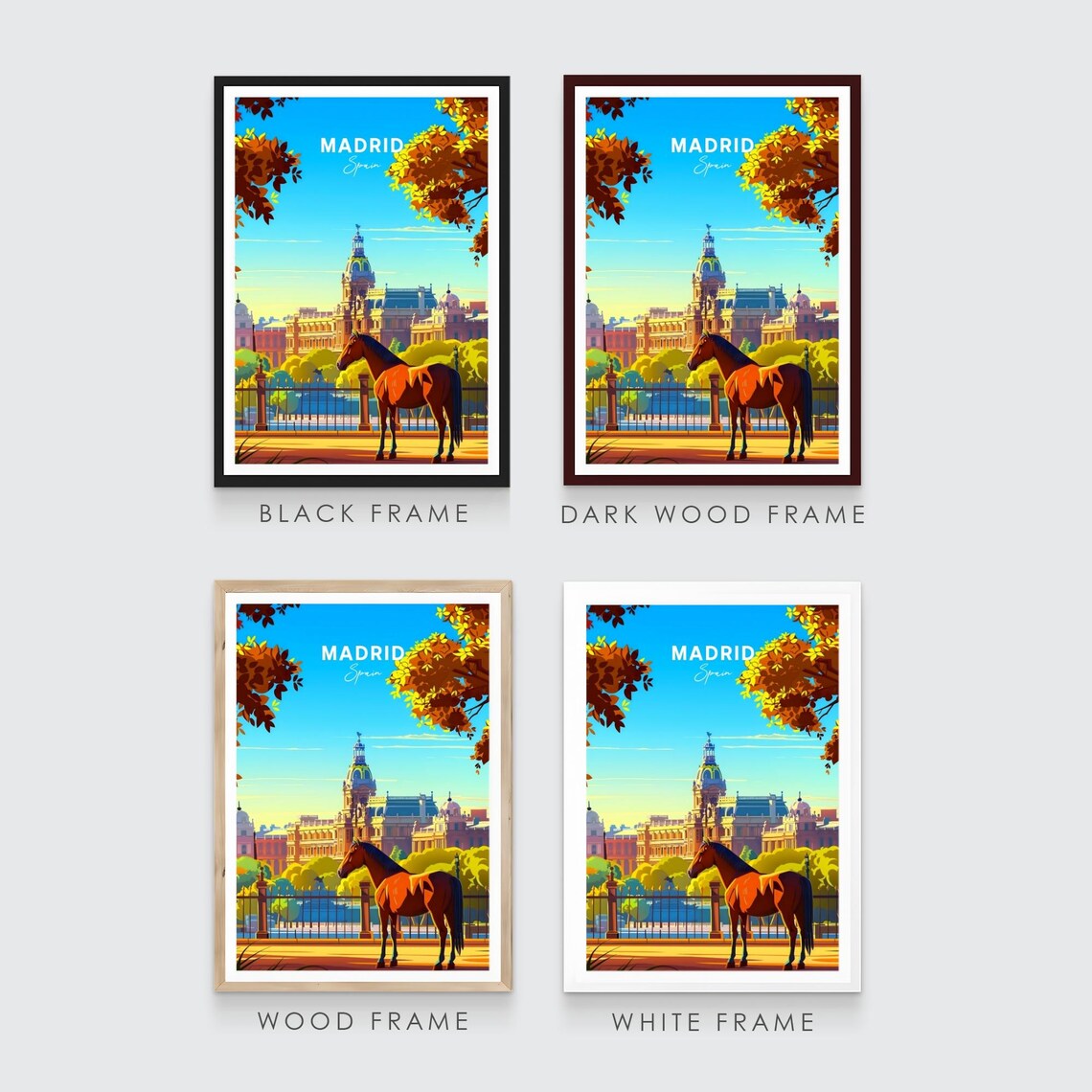 Madrid Horse Palace Dome Fountain Golden Day City View Travel Poster - Image 3
