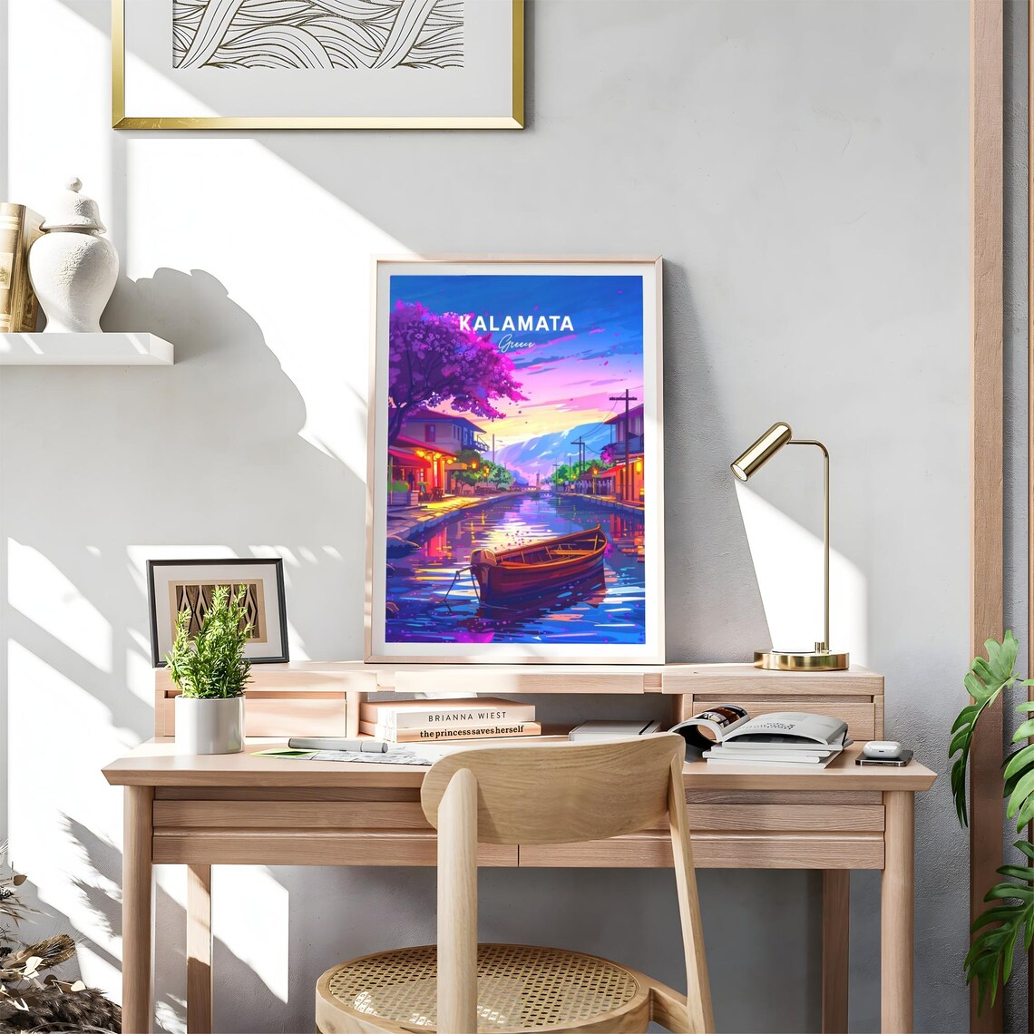Kalamata Greece Sunset Canal Boat Blossom Tree Travel Poster - Image 4