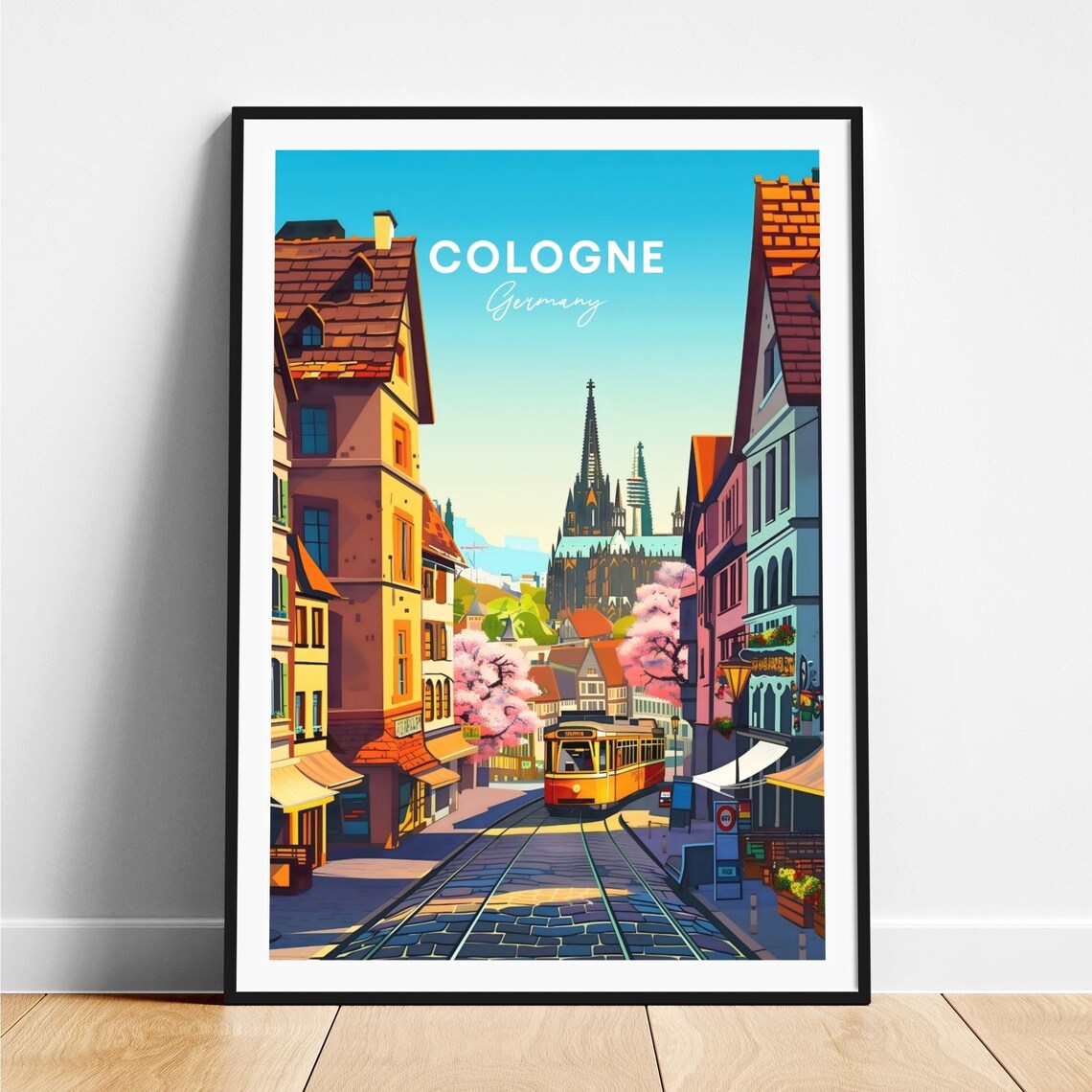 Cologne Cobblestone Street Tram Old Town Cathedral Travel Poster