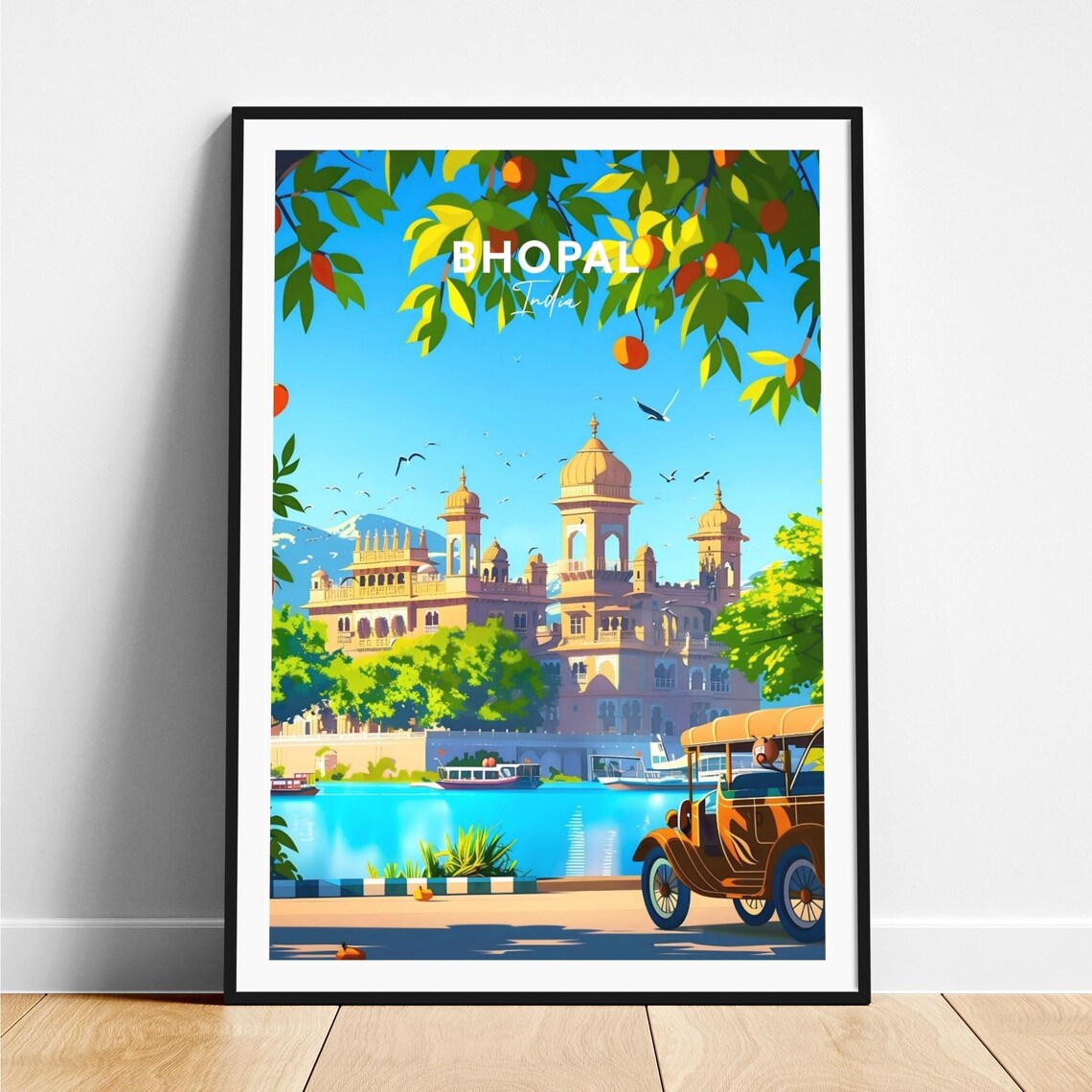 Bhopal Lakeside Palace Boats Vintage Car India Travel Poster
