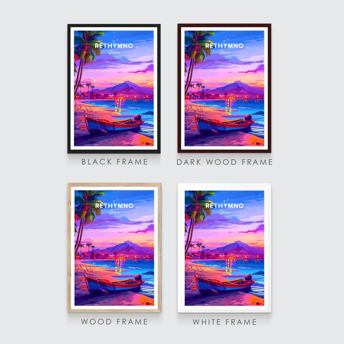 Rethymno Greece Sunset Beach Boat Palms Coast Evening Poster - Image 3