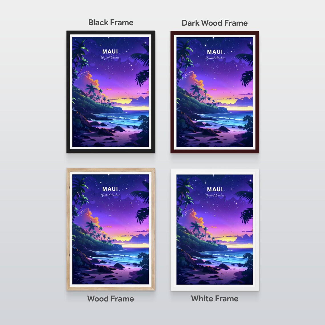Maui Island Night Beach Palm Trees Starry Sky Hawaii Travel Poster - Image 3