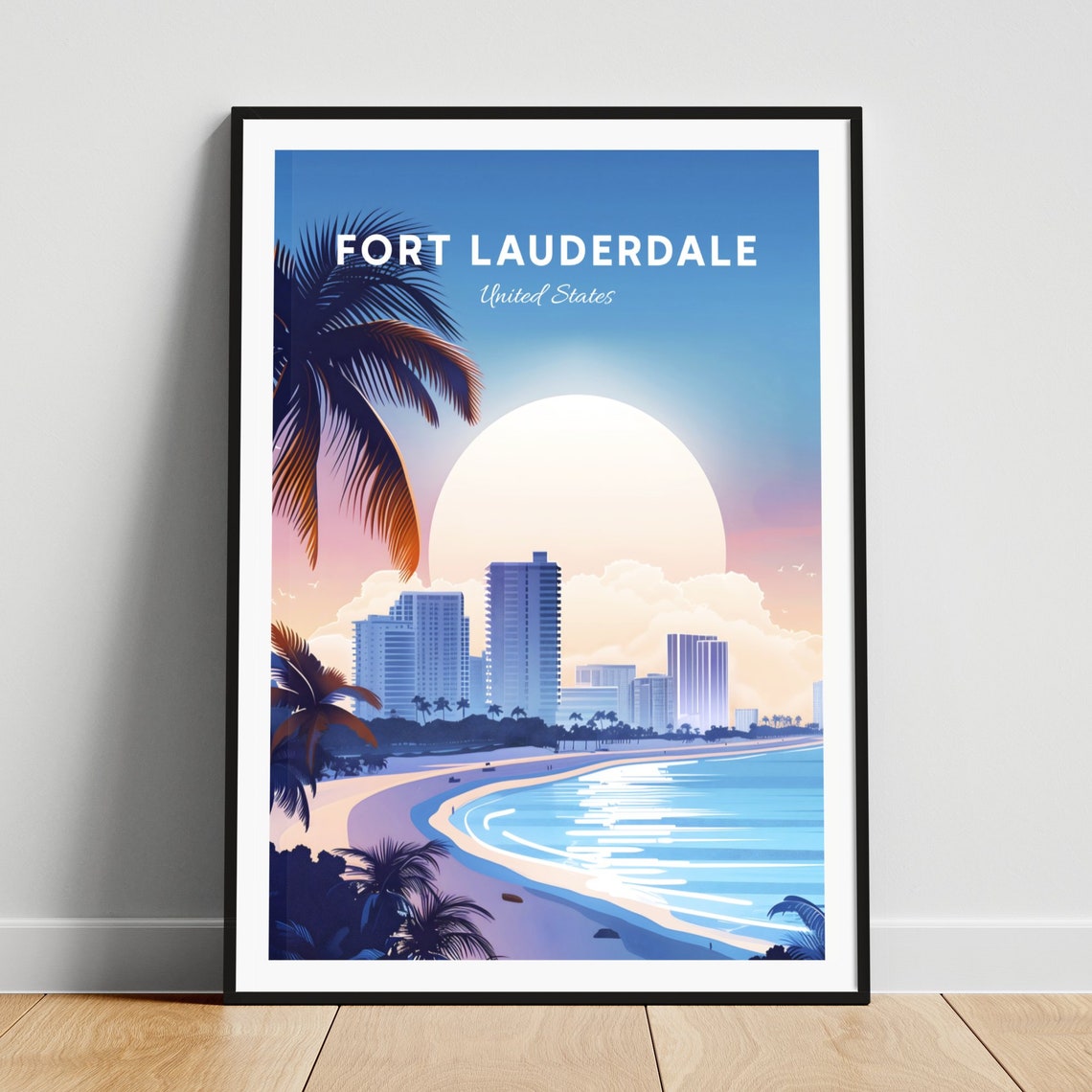 Fort Lauderdale Beach Skyline Golden Sunset Palm Trees Travel Poster
