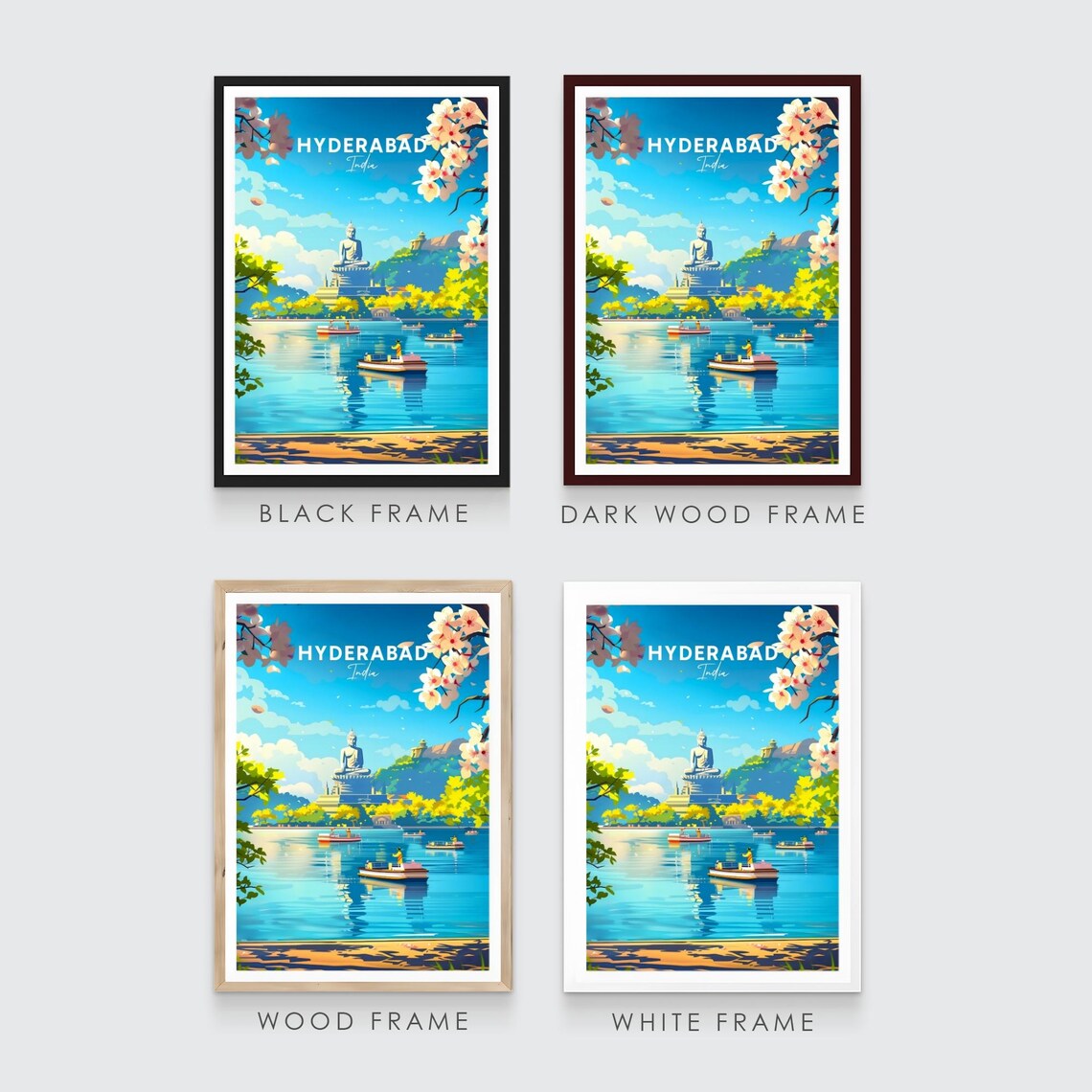 Hyderabad India Buddha Statue on Lake with Boats Travel Poster - Image 3