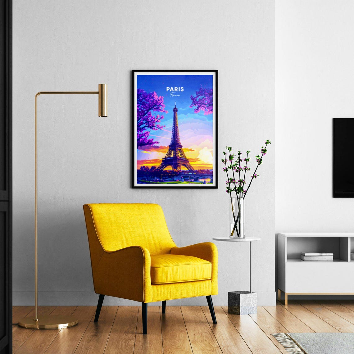 Paris France Eiffel Tower Sunset Cherry Blossoms View Travel Poster - Image 2