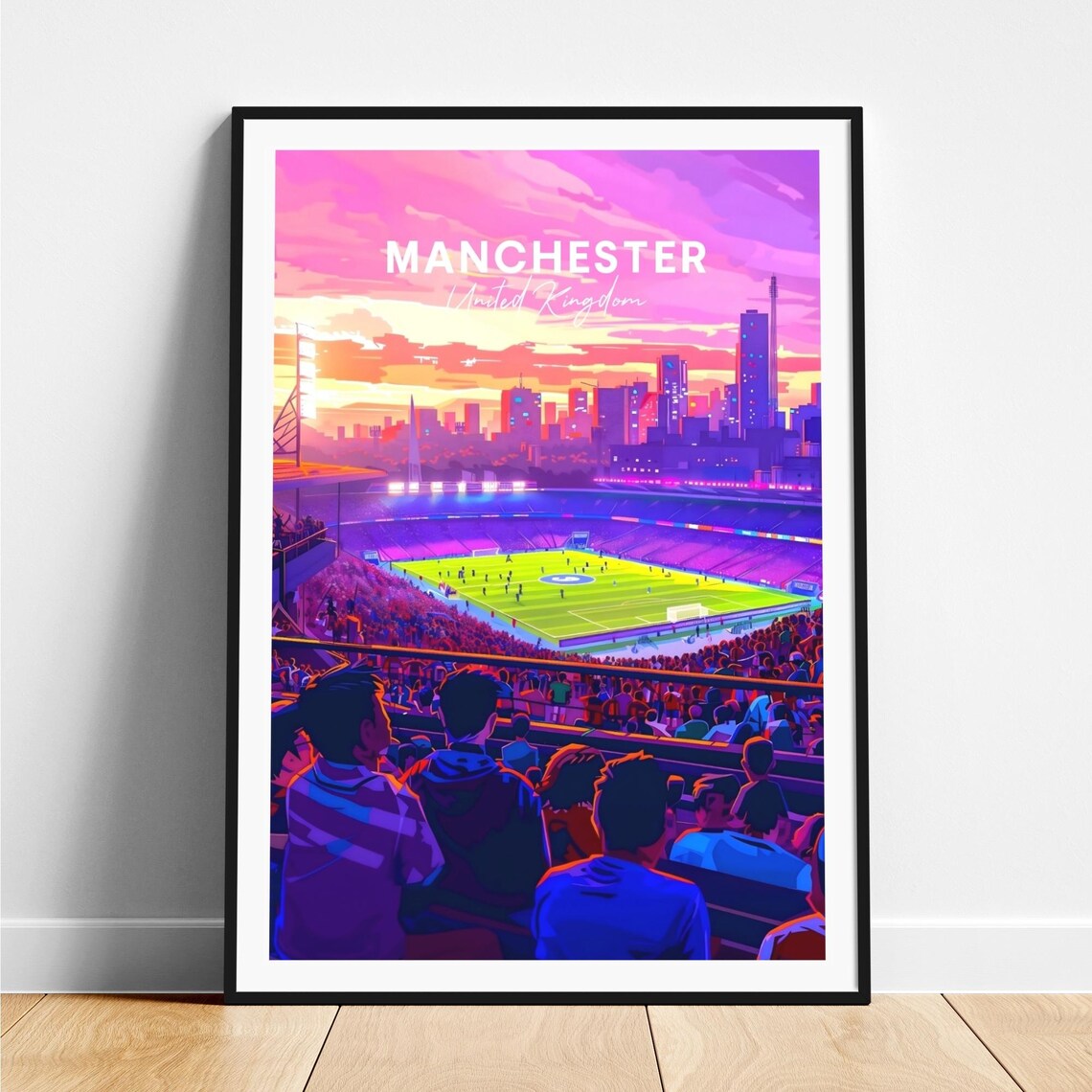 Manchester England Football Stadium Fans Pink Sunset Travel Poster