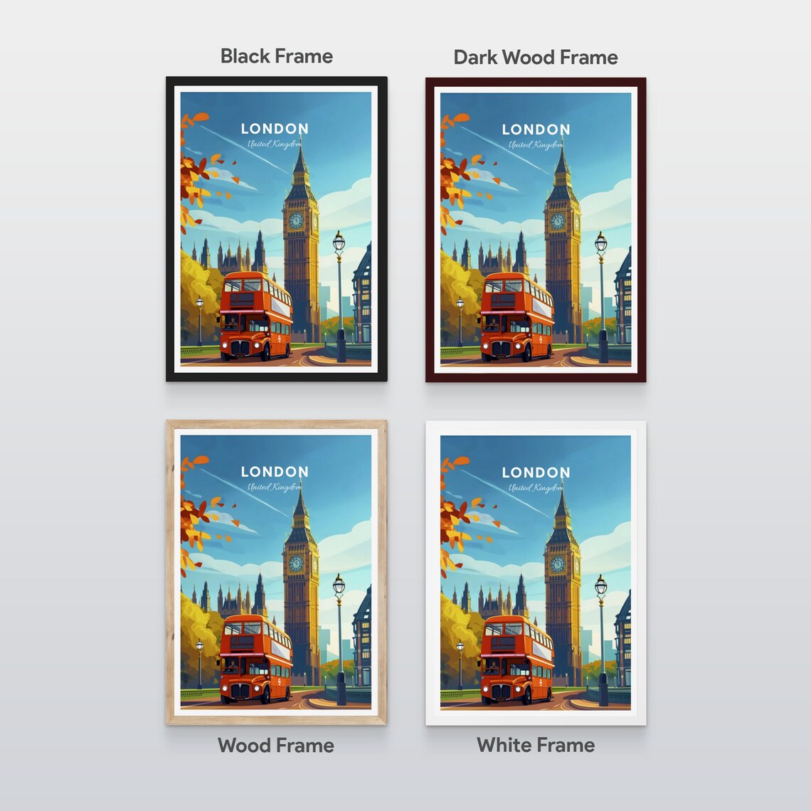 London England Big Ben Red Double Decker Bus Vintage Travel Poster - Image 2