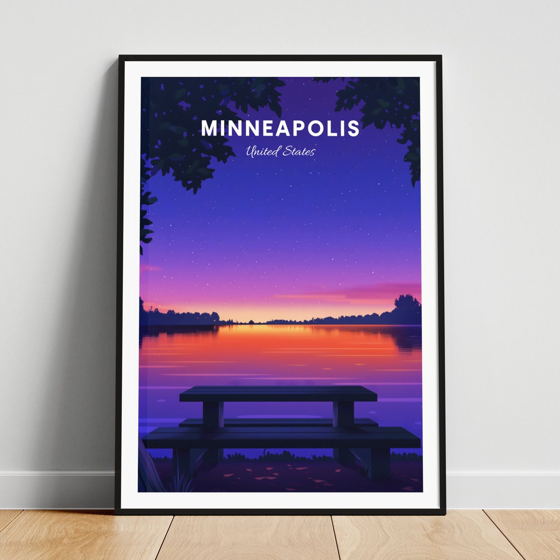 Minneapolis Minnesota Lakeside Sunset Bench Starry Sky Travel Poster
