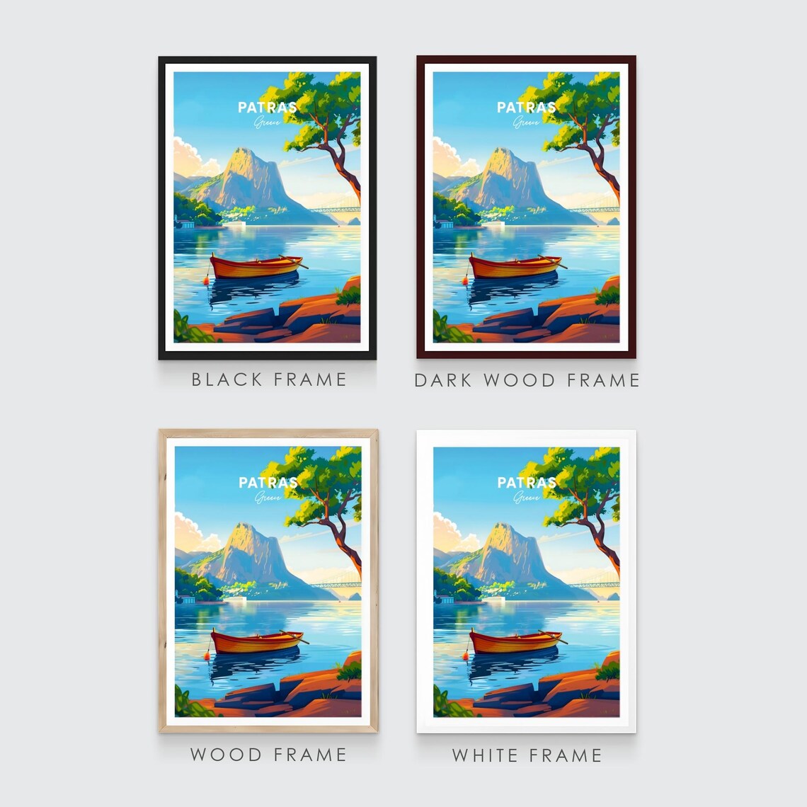 Patras Greece Rowboat on Calm Water with Mountain Peak View Poster - Image 3