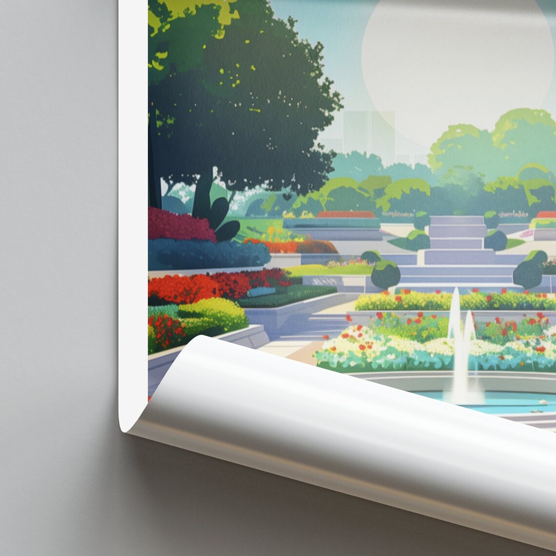 Lincoln Nebraska Sunlit Garden Fountain Floral Daytime Travel Poster - Image 2