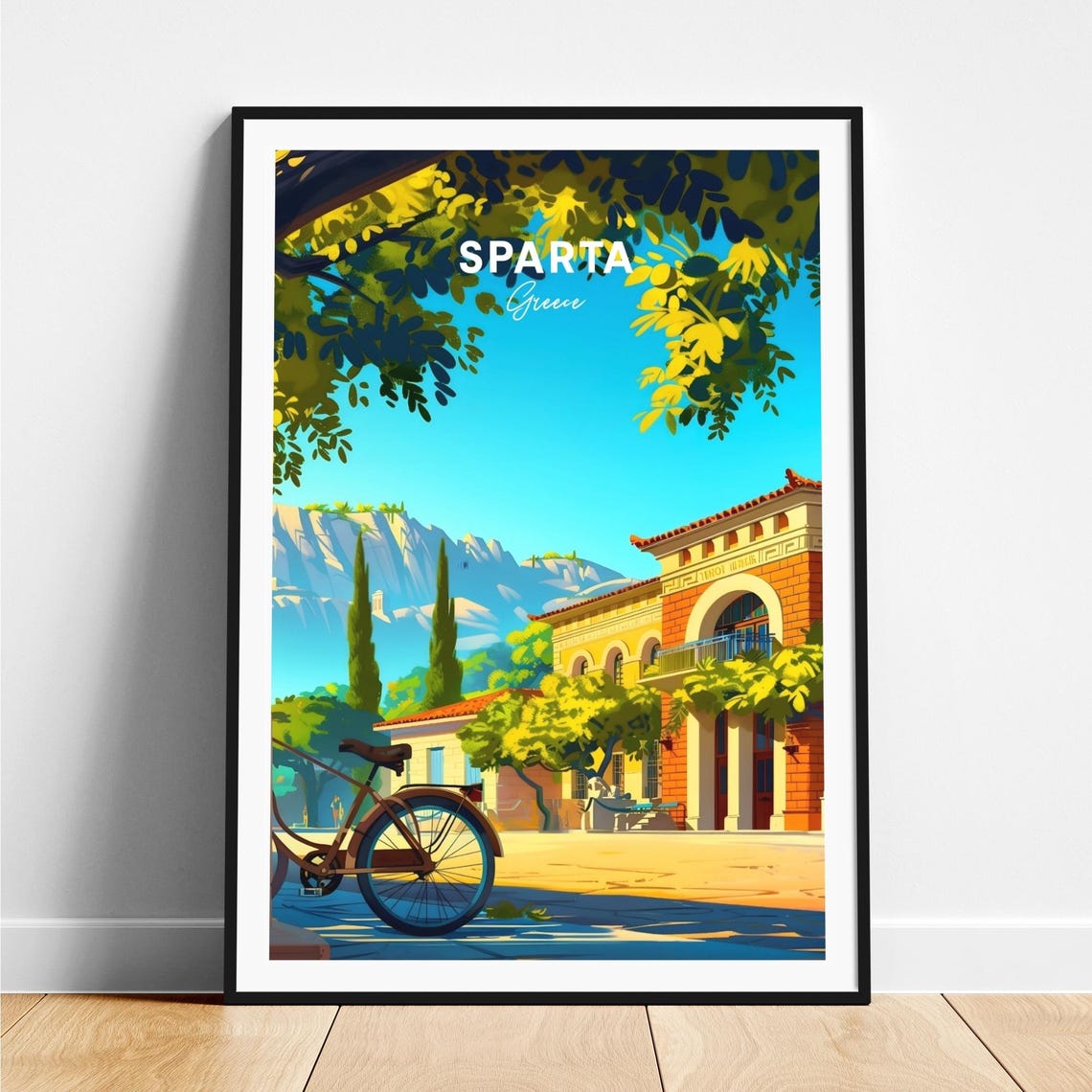 Sparta Greece Bicycle Neoclassical Square Mountain Travel Poster