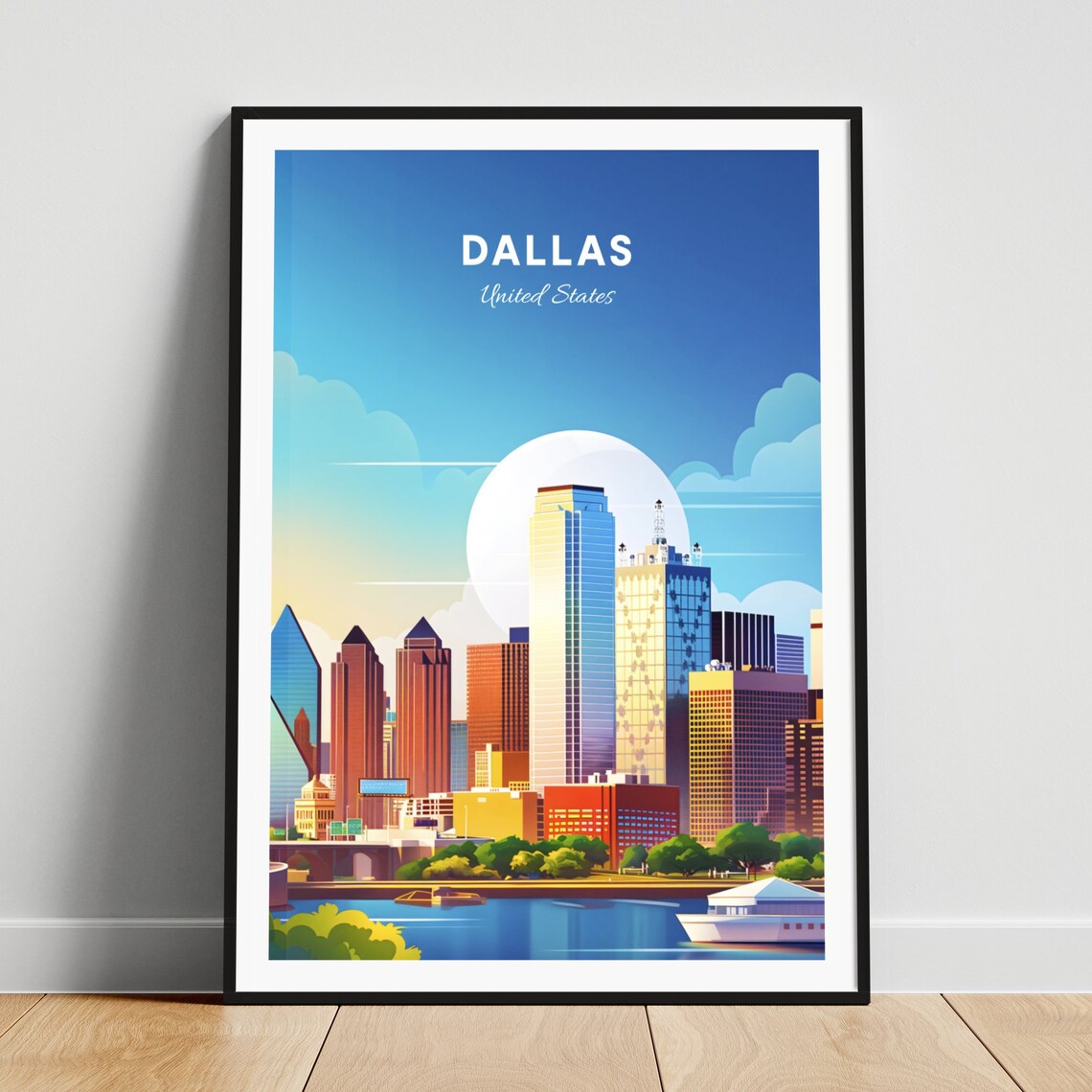 Dallas Daytime Skyline Over the River with Boats and Bridge Poster