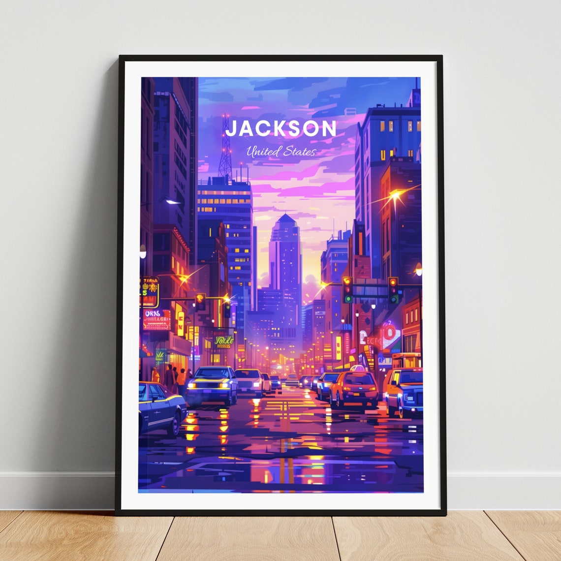 Jackson Neon Night Street Rain Lights Downtown Travel Poster