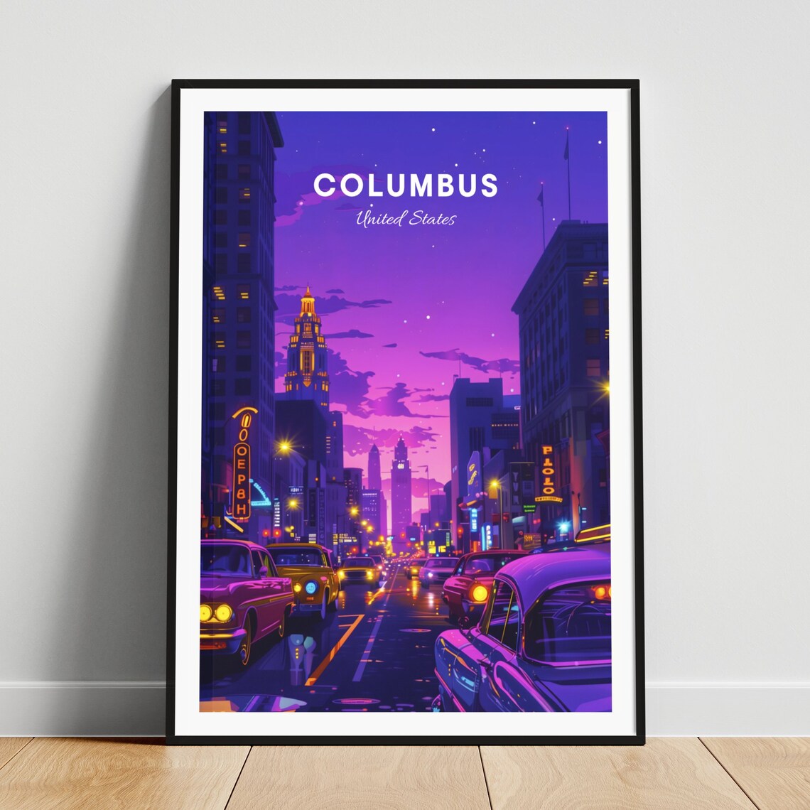 Columbus Neon Nights Downtown Street Classic Cars Travel Poster