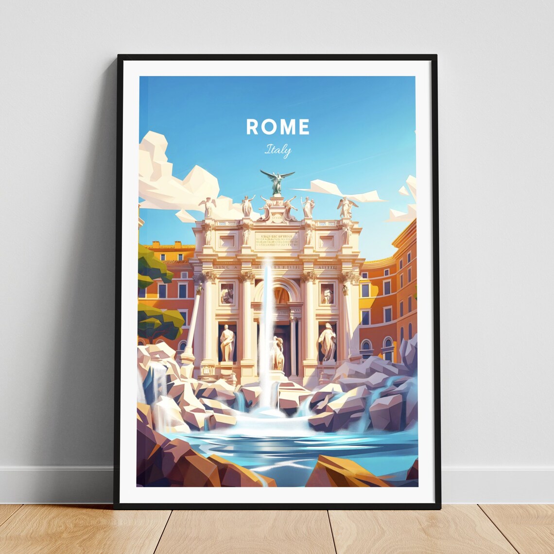 Rome Italy Trevi Fountain Baroque Landmark Vintage Travel Art Poster