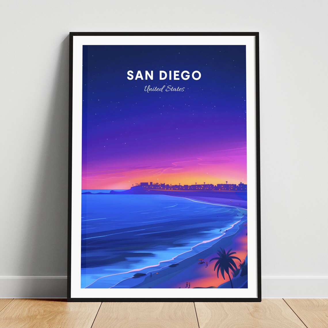San Diego California Vintage Ocean Sunset Beach Travel Poster
