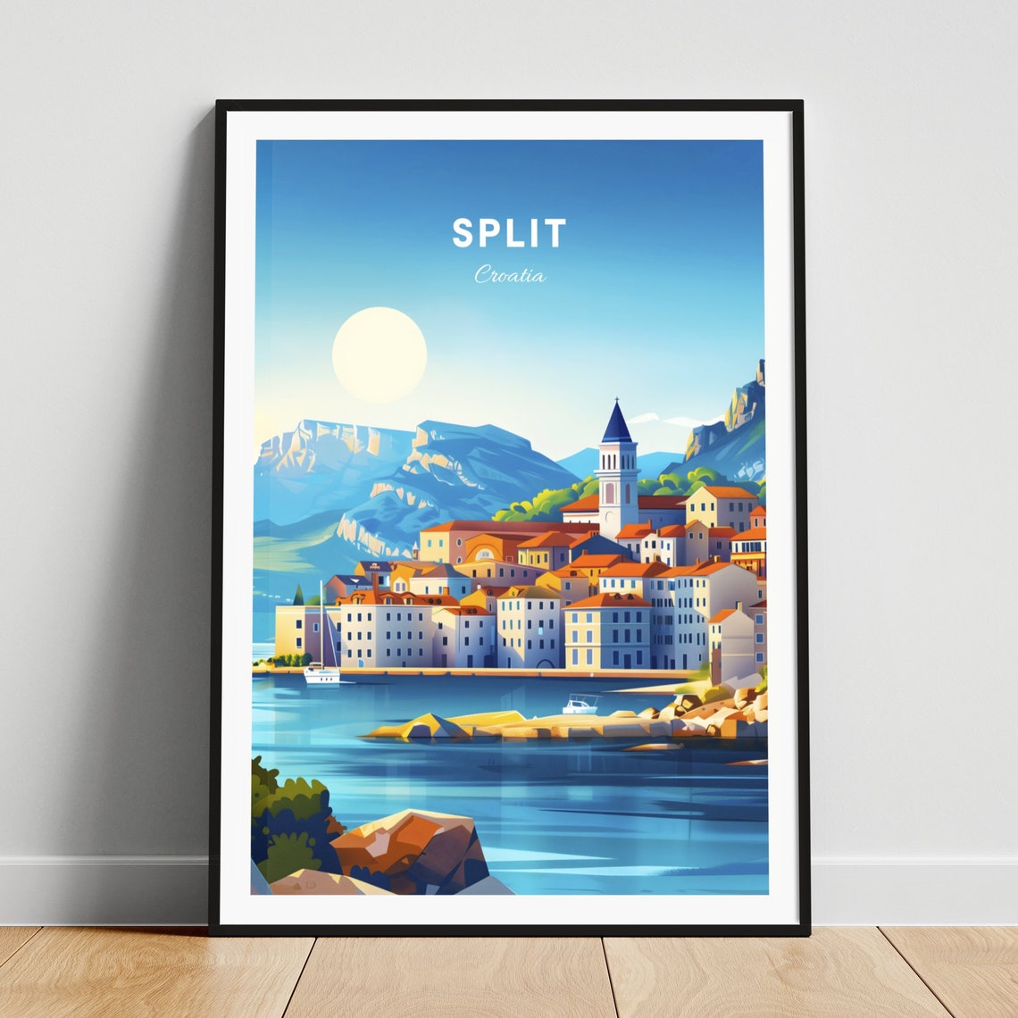 Split Croatia Harbor Town Bell Tower Mountain View Travel Poster