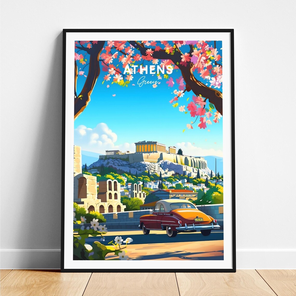 Athens Greece Acropolis Vintage Car Cherry Blossom View Travel Poster