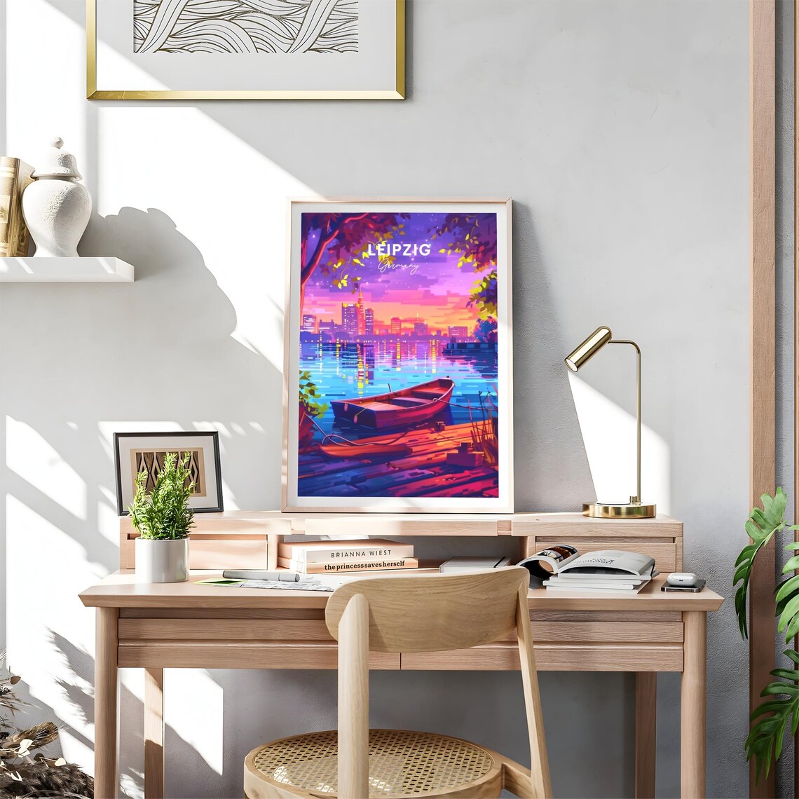 Leipzig Germany Night Lake Rowboat Neon City Skyline Travel Poster - Image 4
