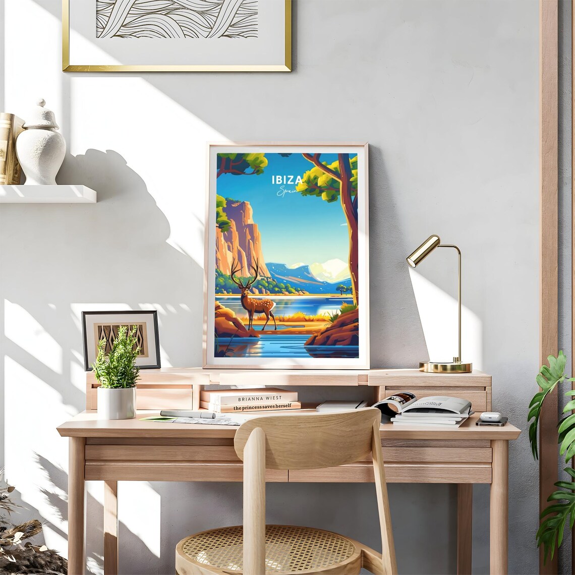 Ibiza Spain Majestic Stag By Mountain Lake Red Cliffs Poster - Image 4