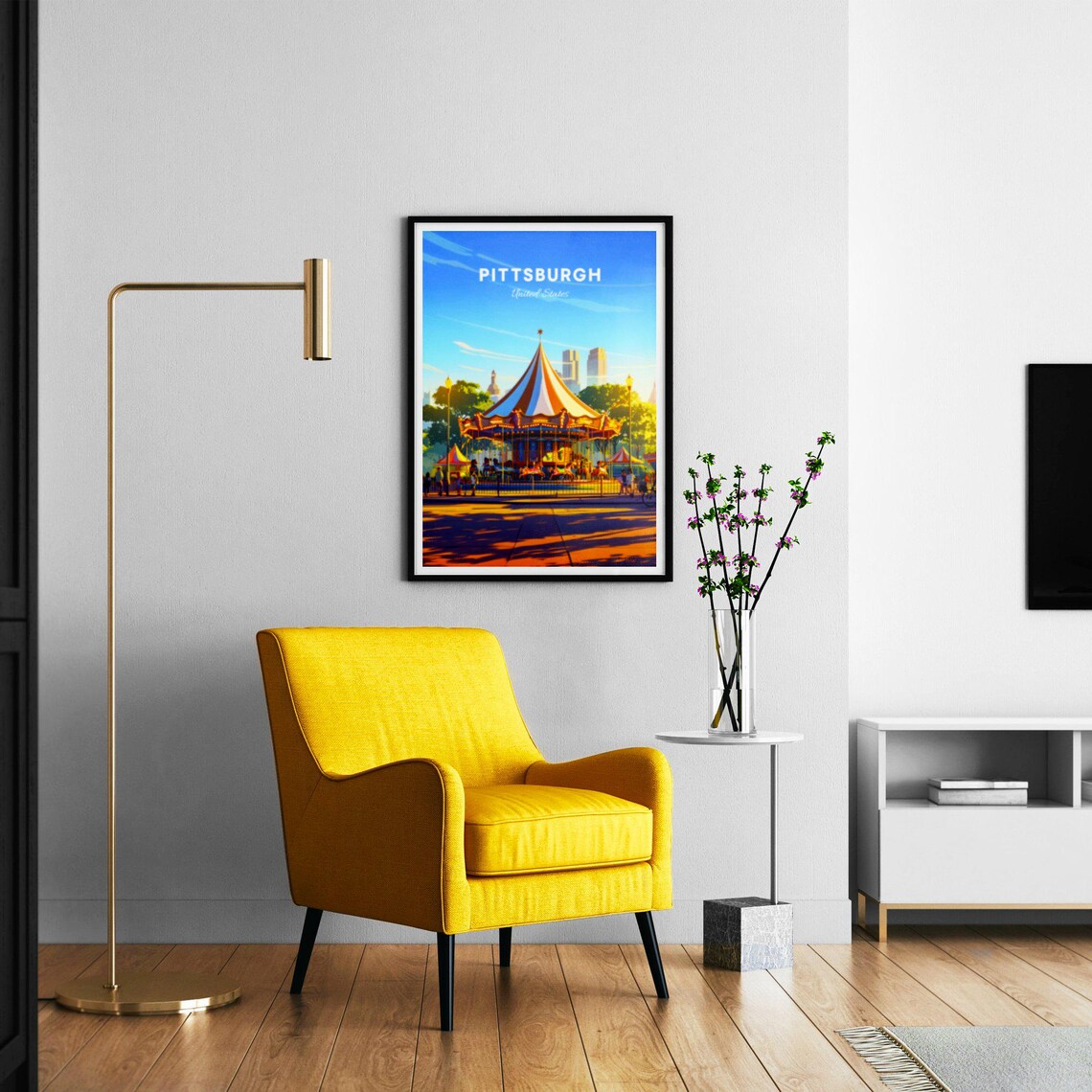 Pittsburgh Carousel Park Golden Sunset City Skyline Travel Poster - Image 2