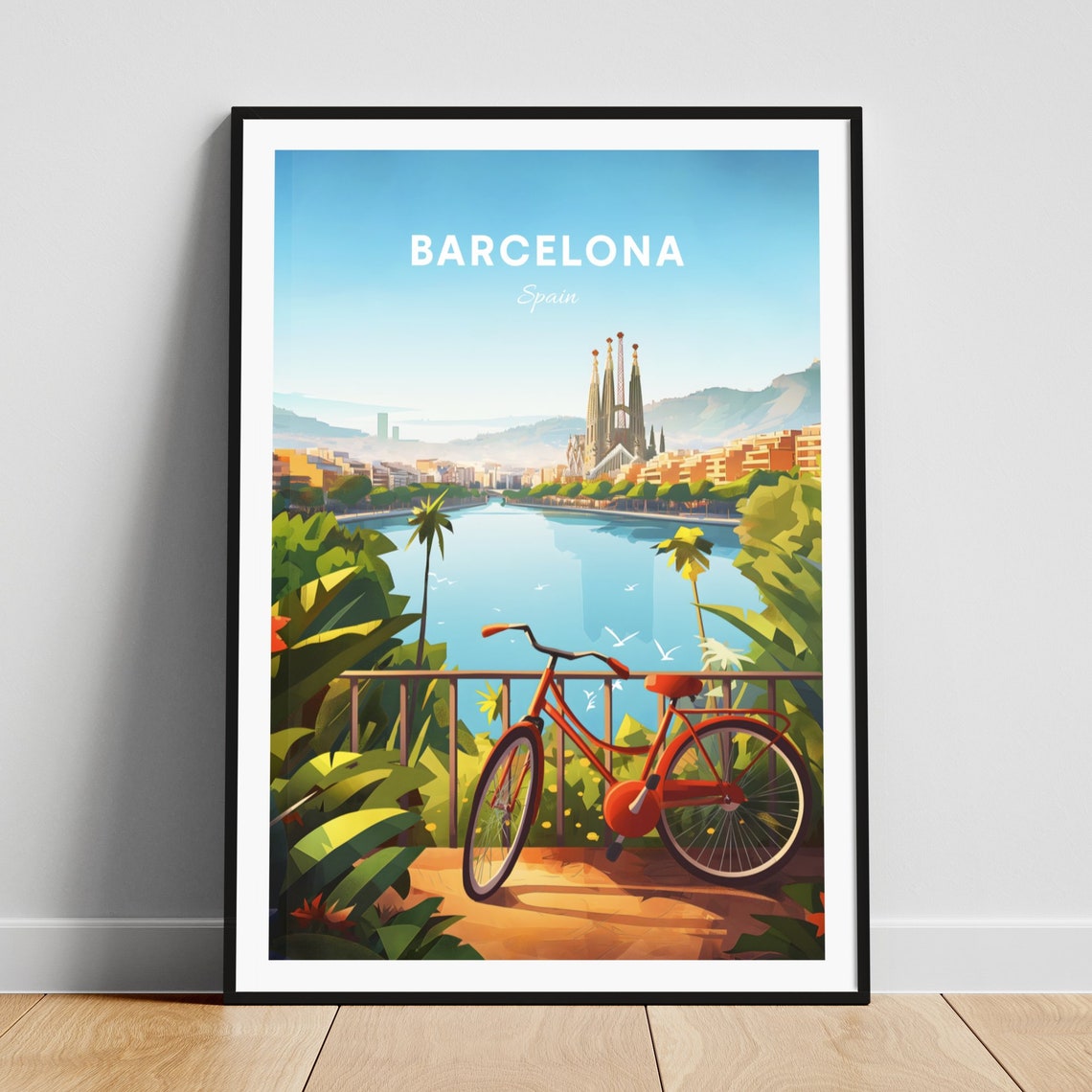 Barcelona Spain Red Bicycle Overlook Harbor Gaudi Spires View Poster