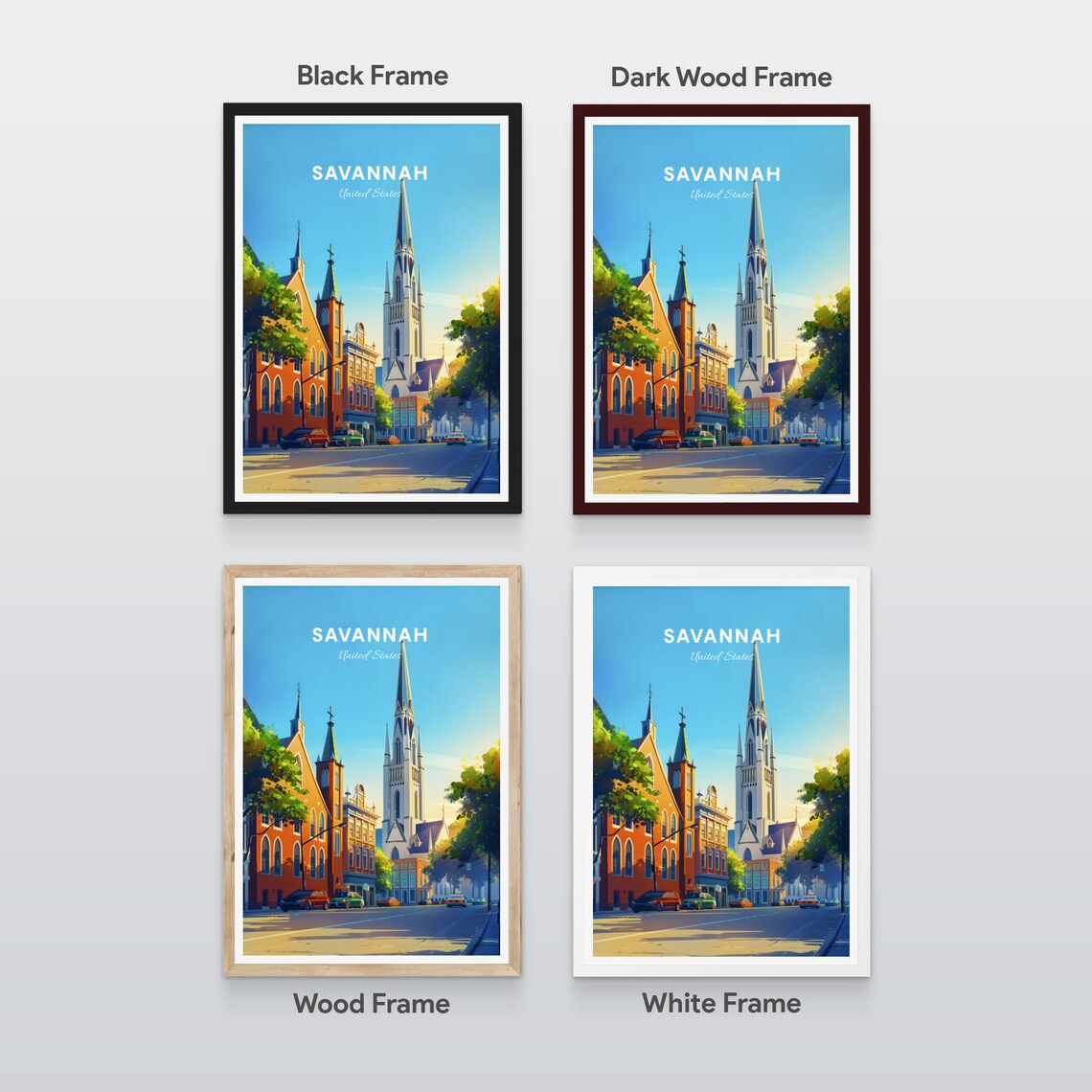 Savannah Church Spires Sunny Historic Street Vintage Travel Poster - Image 2