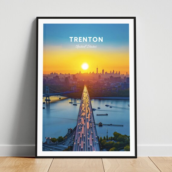 Trenton New Jersey Sunset Bridge Highway Skyline Vintage Travel Poster