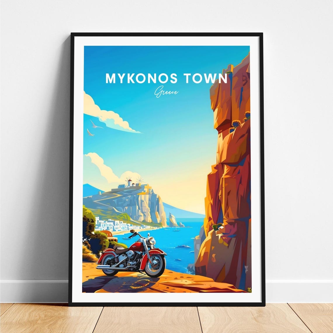 Mykonos Town Greece Red Motorcycle Cliff Road Windmills Travel Poster