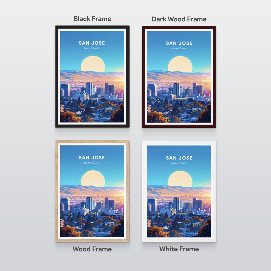 San Jose Morning Skyline Hills Giant Sun Warm Light Travel Poster - Image 2