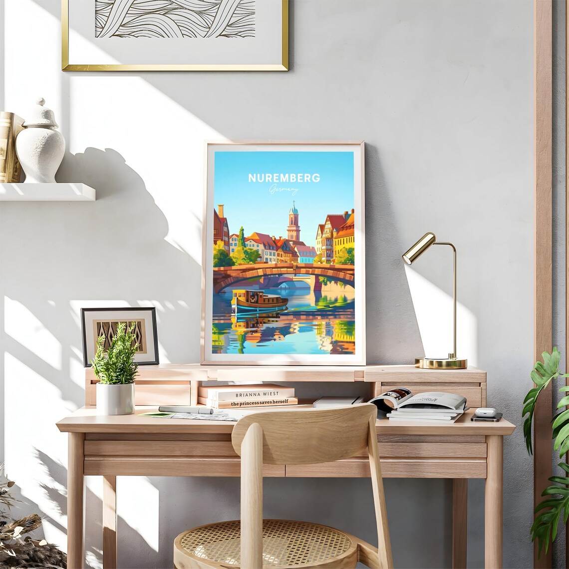 Nuremberg Sunny River Bridge Boat Old Town Germany Travel Poster - Image 4