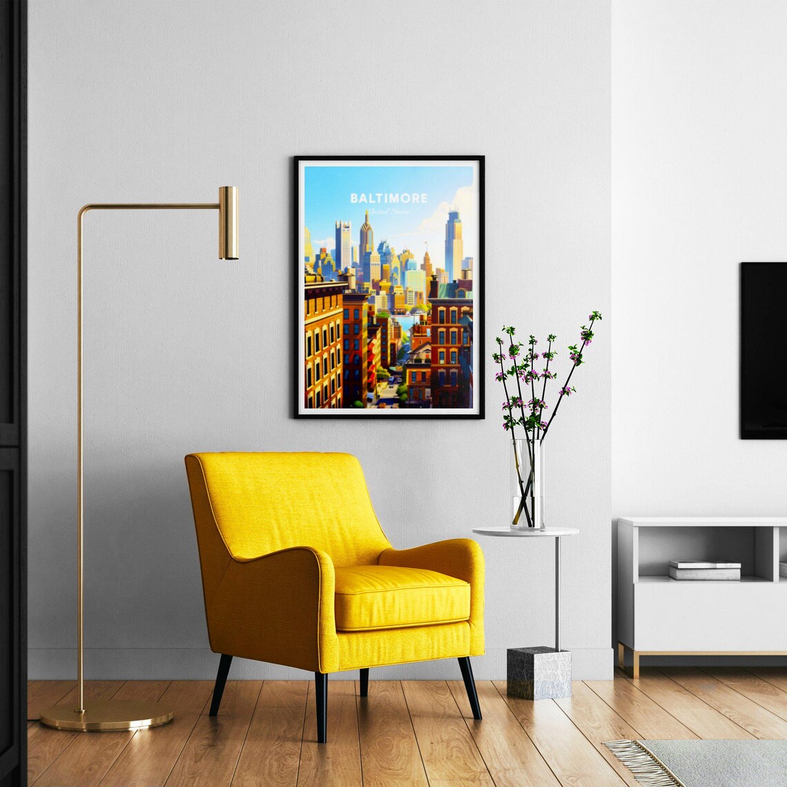Baltimore Sunlit Brick Street and Golden City Skyline Travel Poster - Image 2