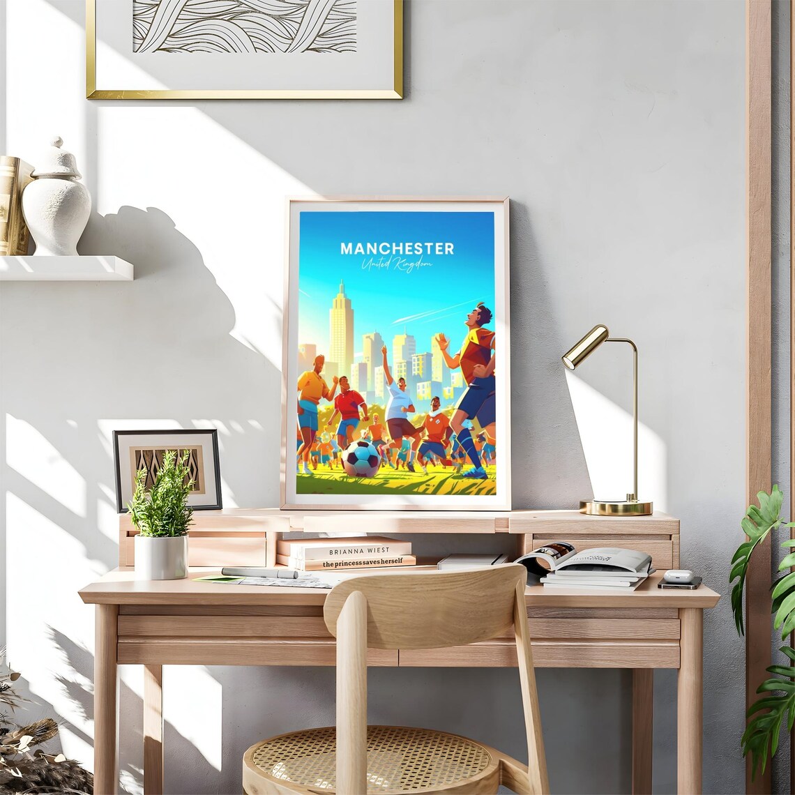 Manchester Soccer Players City Skyline Action Game Travel Poster - Image 4