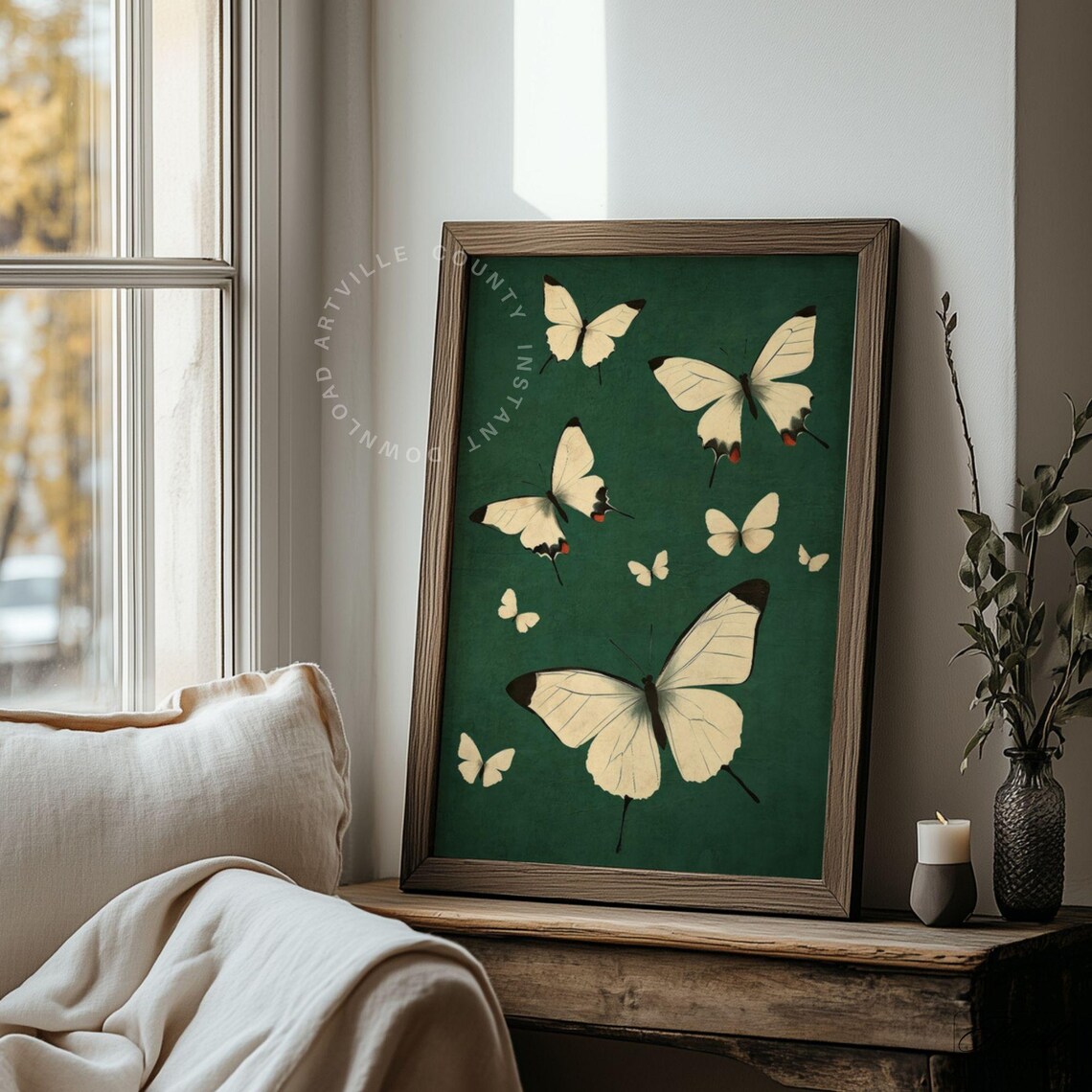 Japanese Butterflies Sage Green Vintage Botanical Moth Art Poster