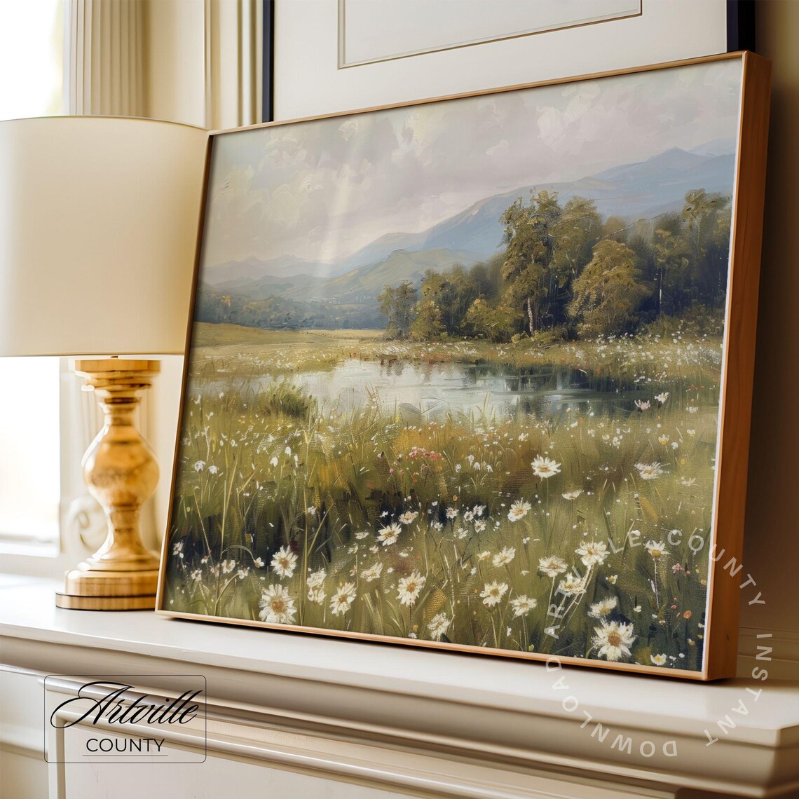 Daisy Meadow Pond Mountains Vintage Wildflower Landscape Poster - Image 3