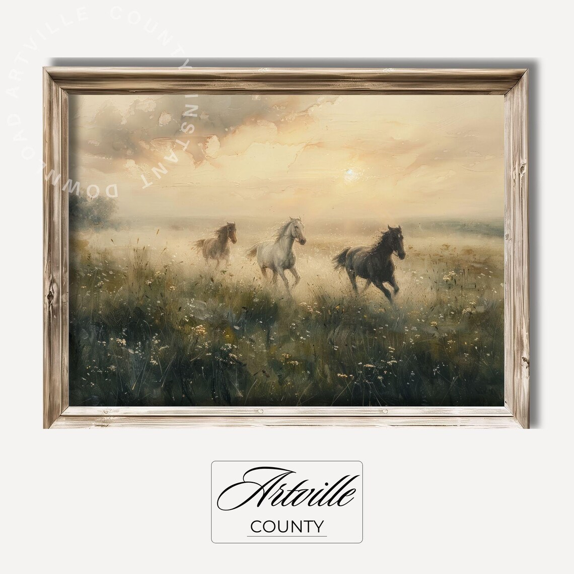 Vintage Horses Oil Painting, Pastoral Farmhouse Art Print