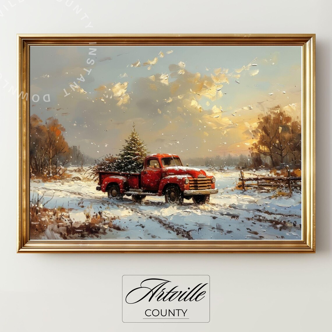 Red Vintage Pickup Truck Christmas Tree Snowy Sunset Farm Poster - Image 2