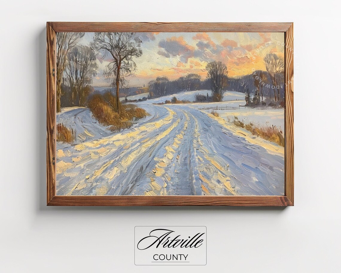 Snowy Country Road Winter Sunset Golden Light Landscape Poster - Image 3