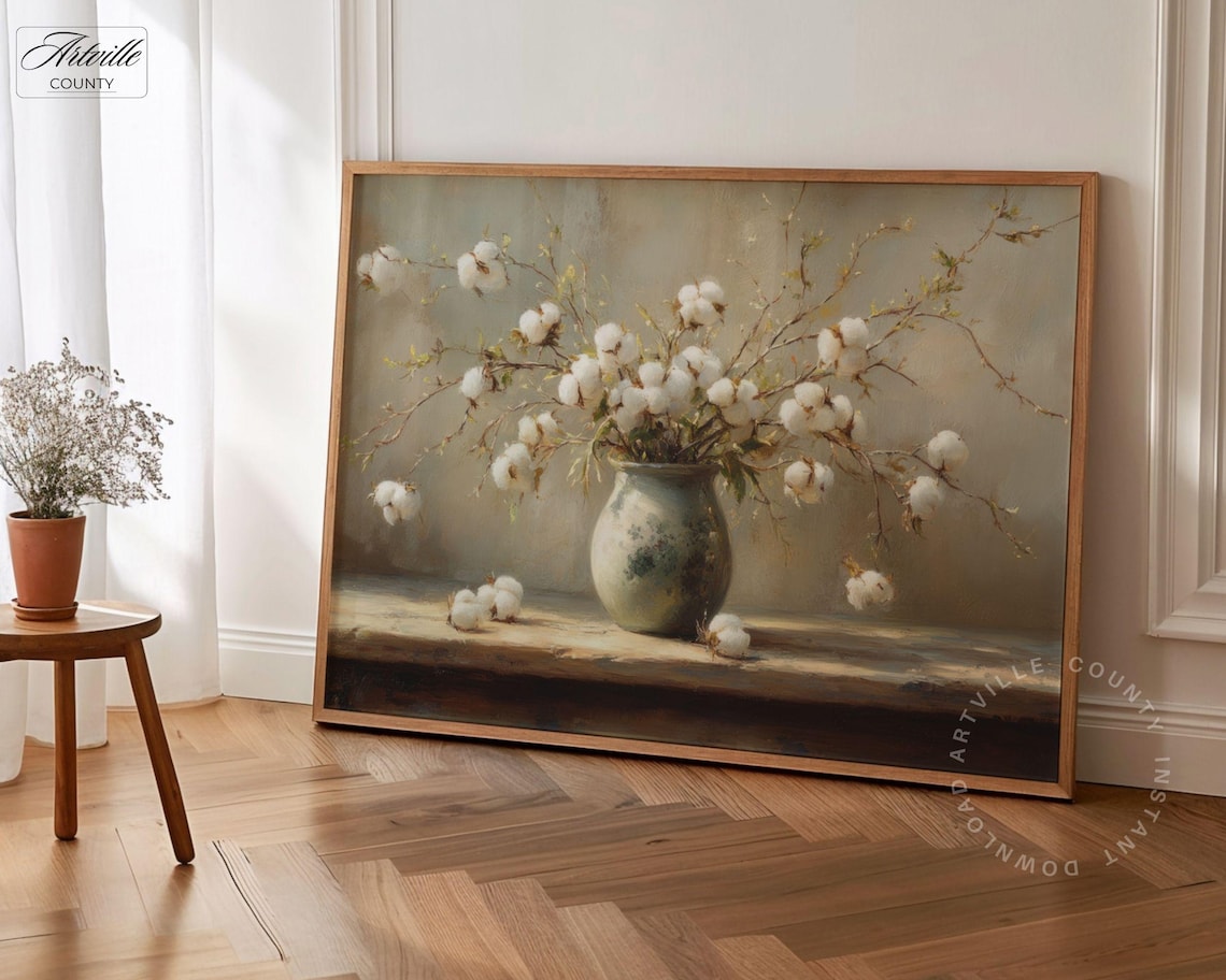 Cotton Flowers Vintage Still Life Art Print