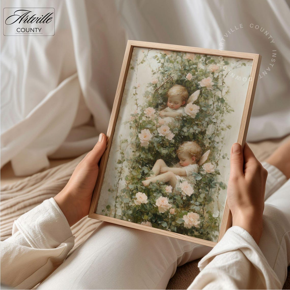 Sleeping Baby Angels Among Pink Roses Vintage Nursery Poster - Image 4