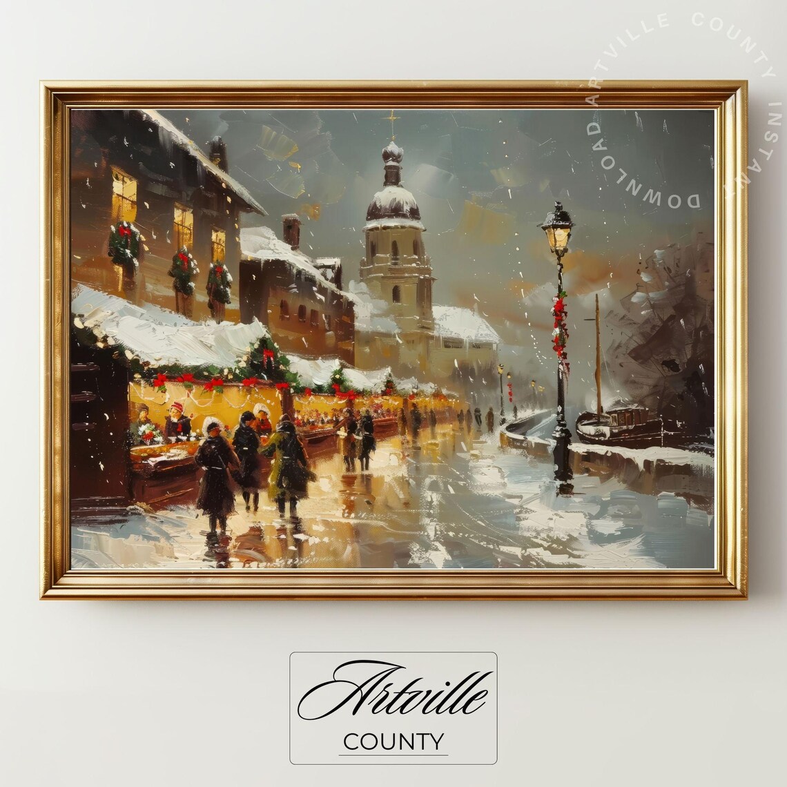 Snowy European Christmas Market with Church Winter Scene Poster