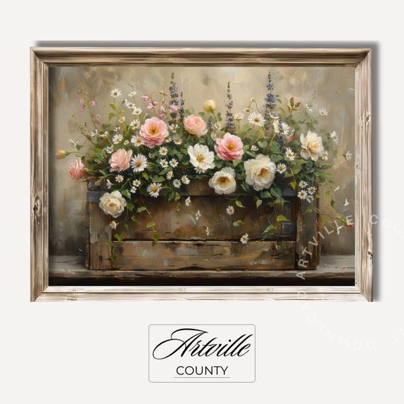 Flowers In Crate, Farmhouse Floral Wall Art Print