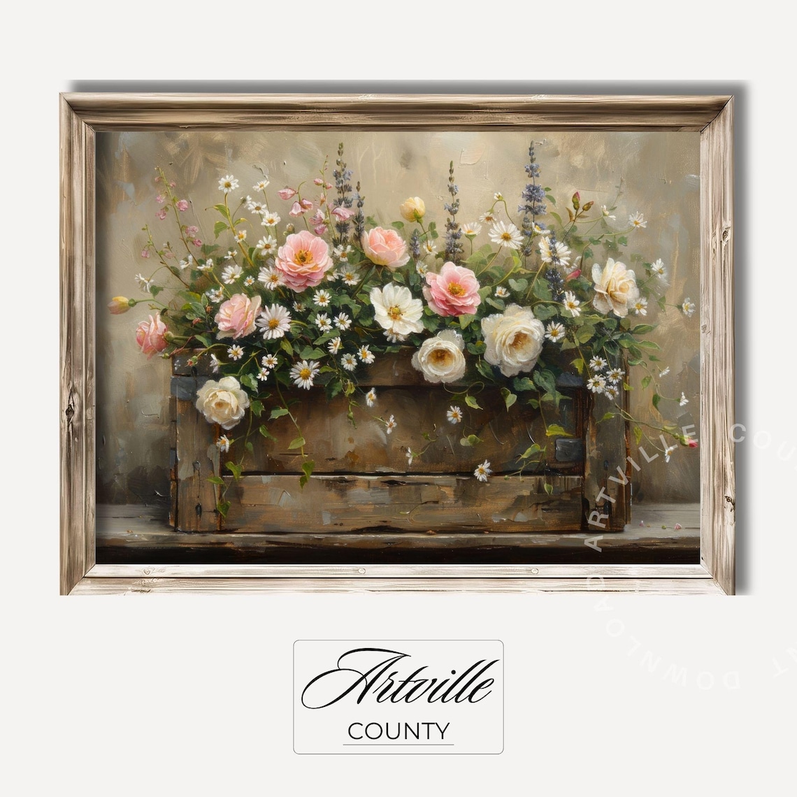Flowers In Crate, Farmhouse Floral Wall Art Print