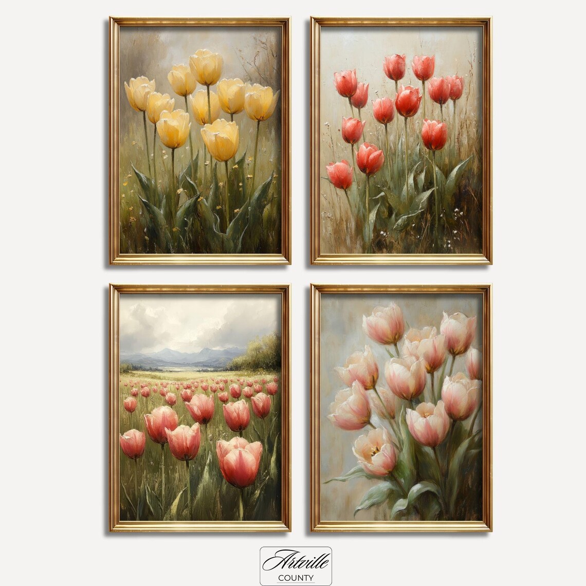 Vintage Spring Flower Prints, Tulip Oil Painting