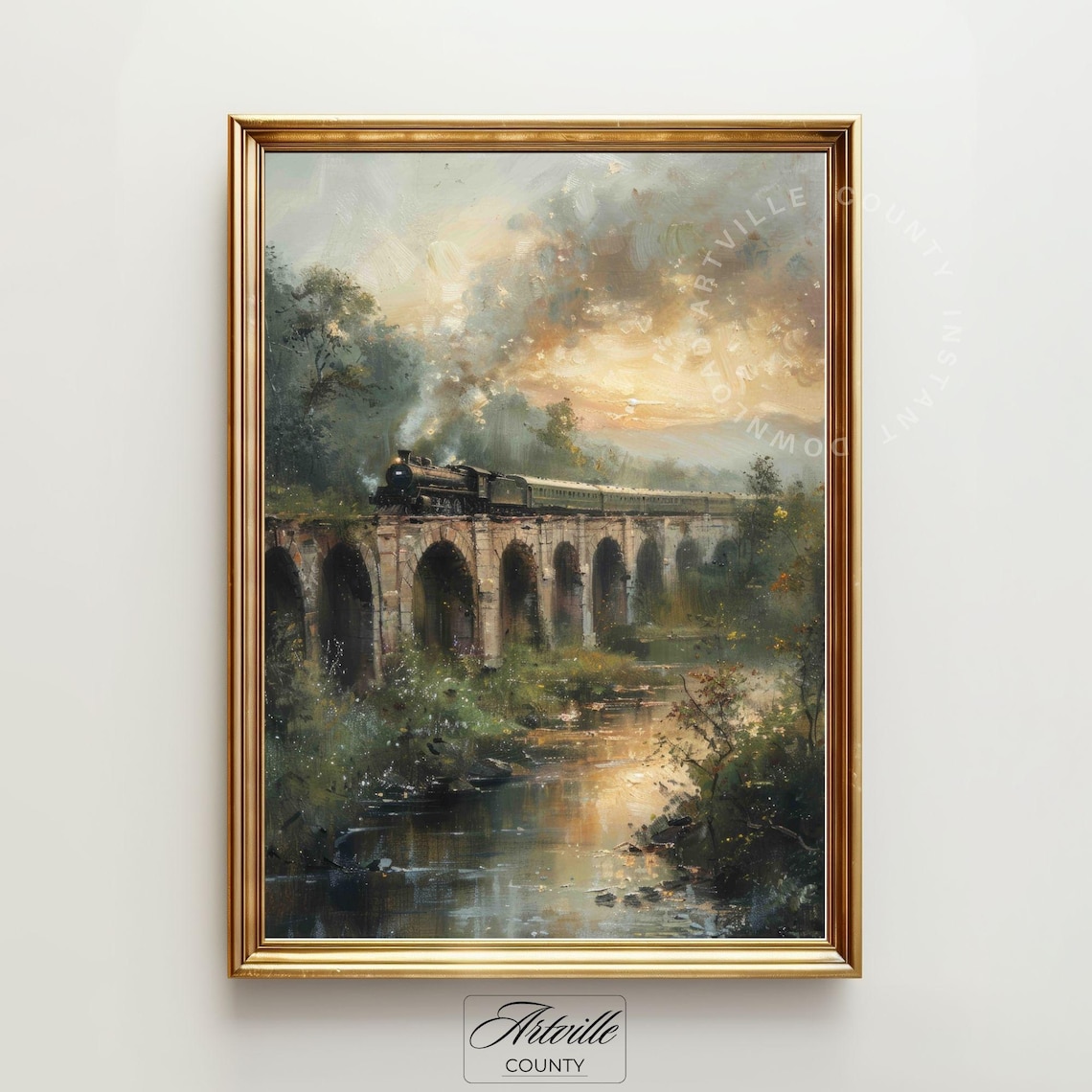 Steam Train Stone Viaduct Sunset River Vintage Landscape Poster - Image 2