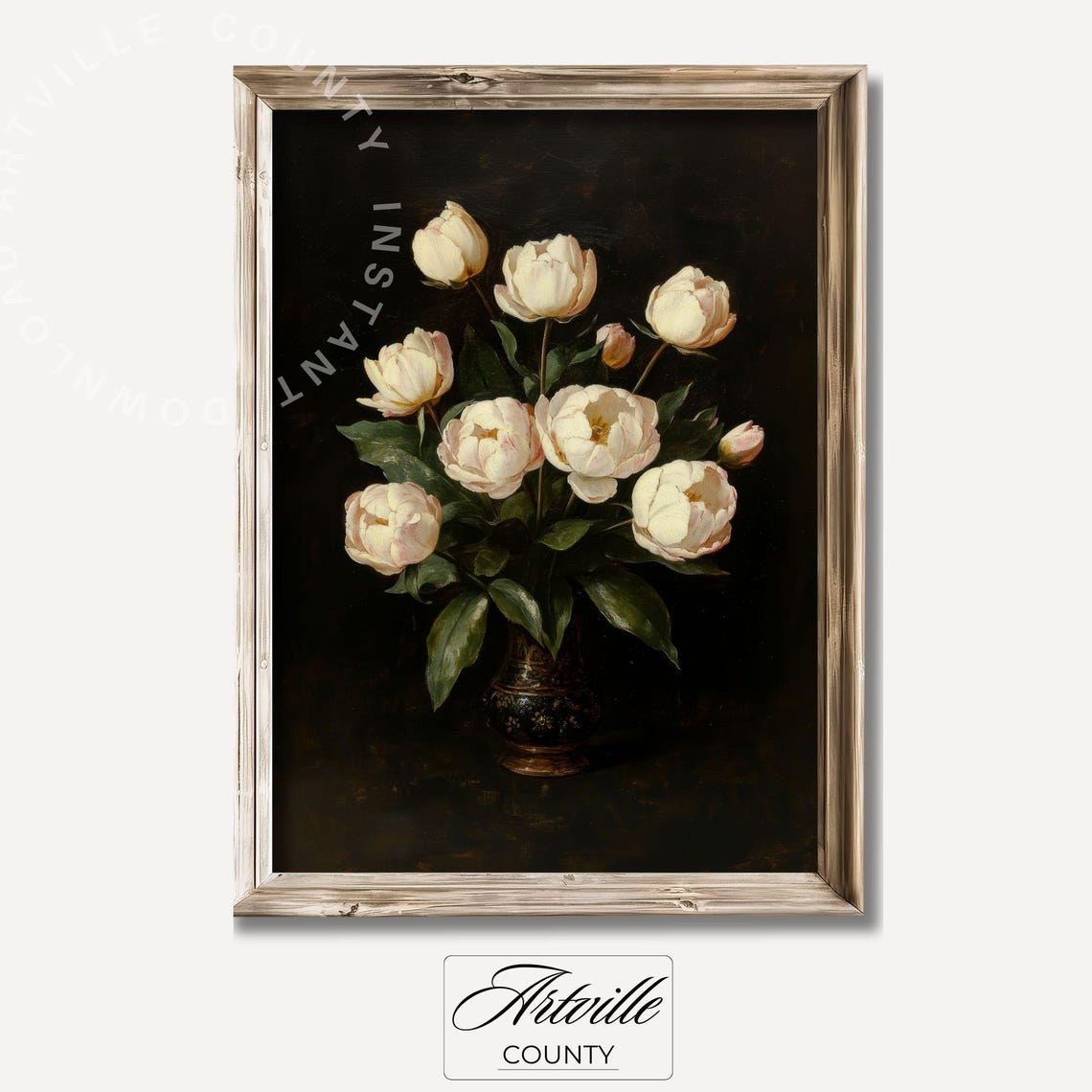 White Peonies In Dark Vase Moody Vintage Oil Painting Art Poster